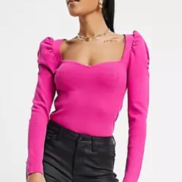 NWOT Brown Sweetheart Neck and Puff Shoulder Ribbed Sweater - Picture 4 of 4